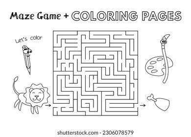 Cartoon lion maze game. Vector coloring book pages for children