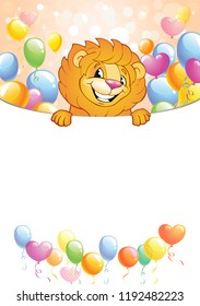 Cartoon lion in multi-colored balloons against background with bokeh lights and stars, vector illustration. Festive background with free space for text