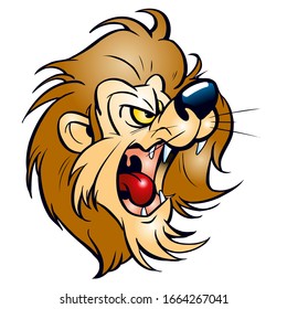 A cartoon lion with an open mouth. Funny and menacing.