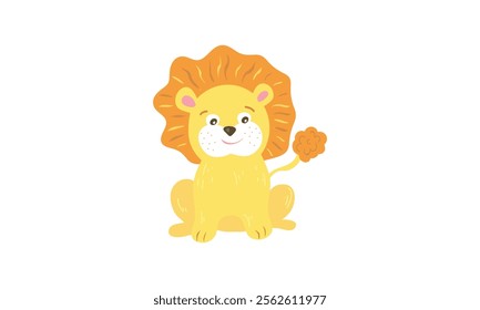 Cartoon lion with orange mane sitting on white background. Flat vector illustration of a cute animal. Wildlife and jungle concept for design and print