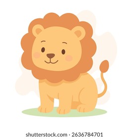 Cartoon lion with orange mane sitting on grass, lion gentle expression and soft color palette make it perfect for kids' books, animal games or jungle-themed designs.