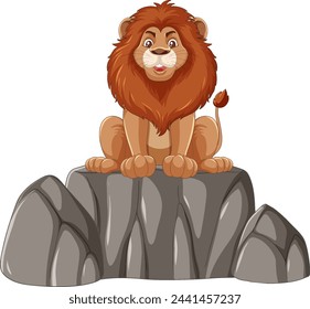 Cartoon lion perched atop a rocky outcrop