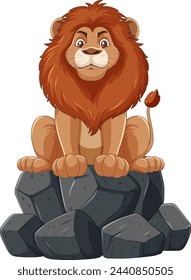Cartoon lion perched confidently on stone boulders.