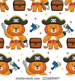 Cartoon lion pirate seamless pattern design 
