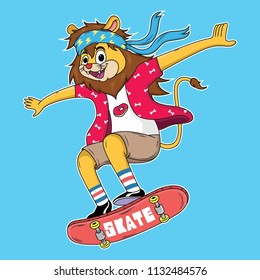 cartoon lion are playing skateboard with cool style