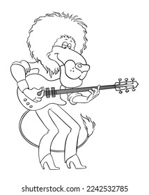 Cartoon lion plays the electric guitar. Outline vector image of a lion, isolated on white. A stylish lion performs rock on an electric guitar.