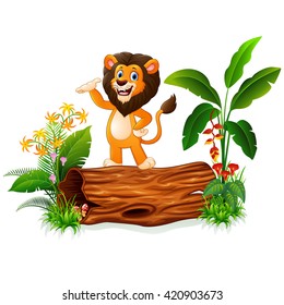 Cartoon lion presenting on tree trunk