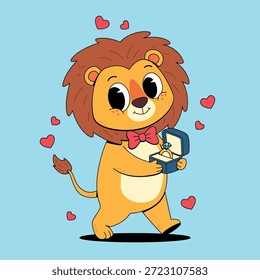 León de dibujos animados proponiendo con un anillo de compromiso