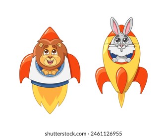 Cartoon Lion And Rabbit Piloting Colorful Rocket Ships. Isolated Vector Illustration For Children Book, Playful Content