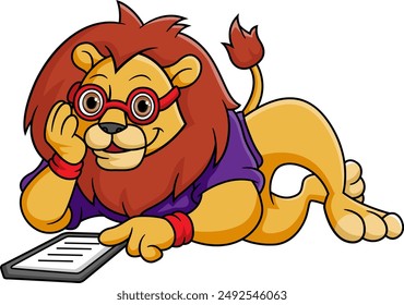 Cartoon lion reading a book of illustration