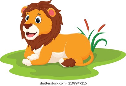 cartoon lion relaxing on the grass