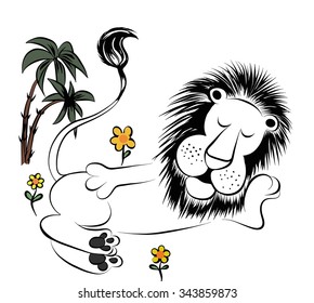 cartoon lion resting among flowers and palm trees