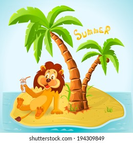 Cartoon lion resting on the island in the summer