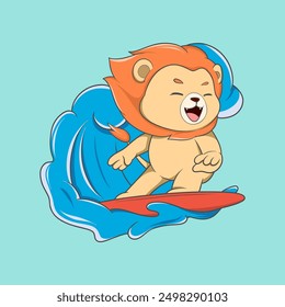 cartoon lion is riding a surfboard in the ocean