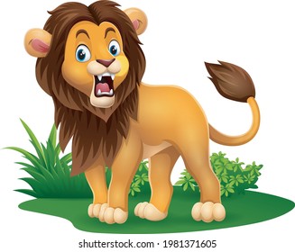 Cartoon lion roaring in grass