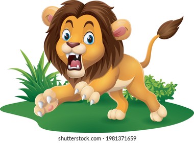 Cartoon lion roaring in grass