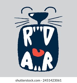 Cartoon lion roaring with its mouth open and the word ROAR written inside its mouth