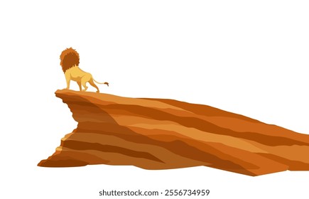 Cartoon lion roaring on the stone. African wild predator. Strong character hunter. Cute big cat with fur and tail, predator animal in savannah