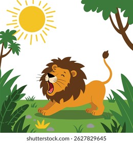 Cartoon Lion Roaring in Sunny Jungle with Green Tropical Trees. Isolated Vector Illustration