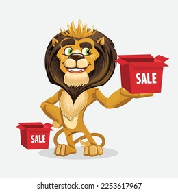 Cartoon lion with sale sign on white background. Vector illustration.