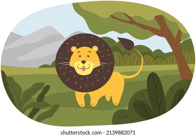 Cartoon lion in savanna, huge animal in nature, wild cat on natural landscape background. Safari, outdoor zoo park with predator, powerful leo. African wildlife representative, predatory mammal