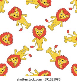 Cartoon lion seamless pattern on white background. Cute animal vector. Child drawing style.