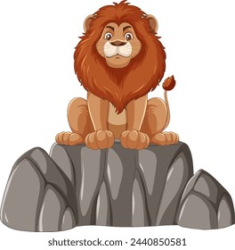 León de dibujos animados sentado sobre una formación de piedra gris.