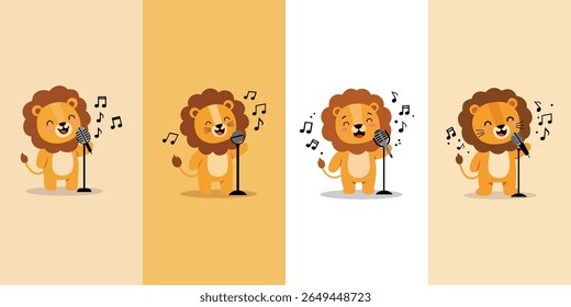 Cartoon lion singing joyfully into microphone – playful lion silhouette with musical notes – flat vector illustration in minimalist black graphic style – fun, expressive, isolated clipart

