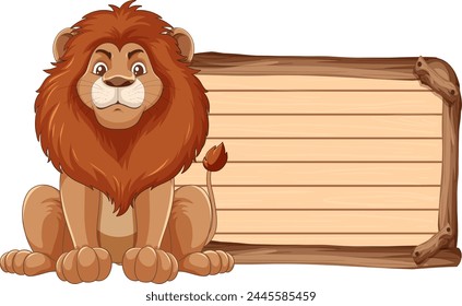Cartoon lion sitting beside a blank wooden sign.