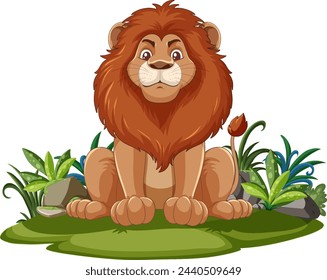 Cartoon lion sitting calmly among green foliage.