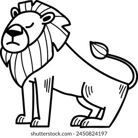 A cartoon lion is sitting on its haunches with its head down. The lion is orange and has a sad expression
