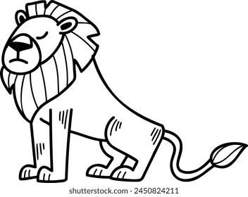 A cartoon lion is sitting on its haunches with its head down. The lion is orange and has a sad expression