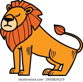 A cartoon lion is sitting on its haunches with its head down. The lion is orange and has a sad expression