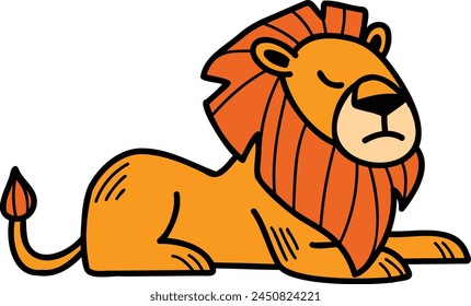 A cartoon lion is sitting on its haunches with its head down. The lion is orange and has a sad expression