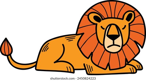 A cartoon lion is sitting on its haunches with its head down. The lion is orange and has a sad expression