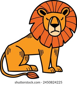 A cartoon lion is sitting on its haunches with its head down. The lion is orange and has a sad expression