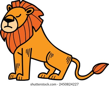 A cartoon lion is sitting on its haunches with its head down. The lion is orange and has a sad expression