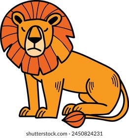 A cartoon lion is sitting on its haunches with its head down. The lion is orange and has a sad expression