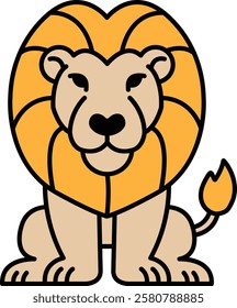 A cartoon lion is sitting on its haunches with its head tilted to the side. The lion is orange and black, and it has a yellow mane