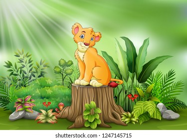 Cartoon of a lion sitting on tree stump with green plants background