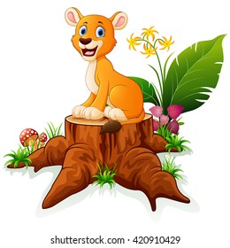 Cartoon lion sitting on tree stump
