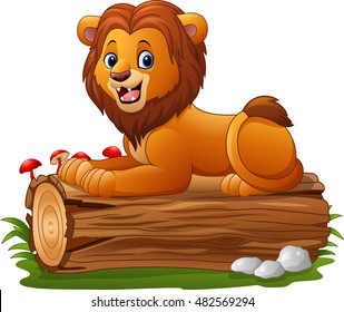 Cartoon lion sitting on a tree log