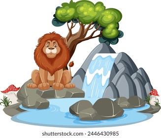 Cartoon lion sitting proudly by a serene waterfall