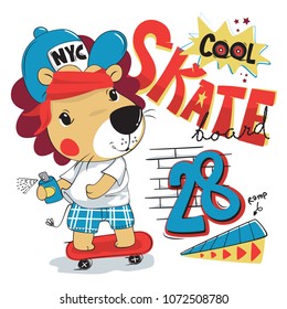 Cartoon lion skater riding a skateboard isolated on white background illustration vector.