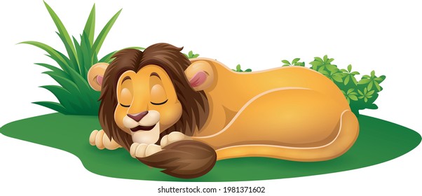 Cartoon lion sleeping on grass