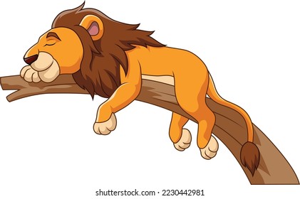 Cartoon lion sleeping on tree branch