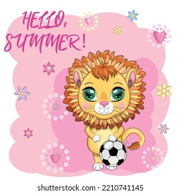 Cartoon lion with a soccer ball. Character with beautiful eyes, childish. Sport concept.
