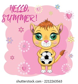 Cartoon lion with a soccer ball. Character with beautiful eyes, childish. Sport concept.