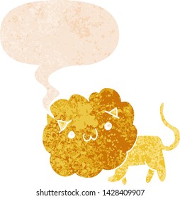 cartoon lion with speech bubble in grunge distressed retro textured style
