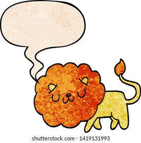 cartoon lion with speech bubble in retro texture style